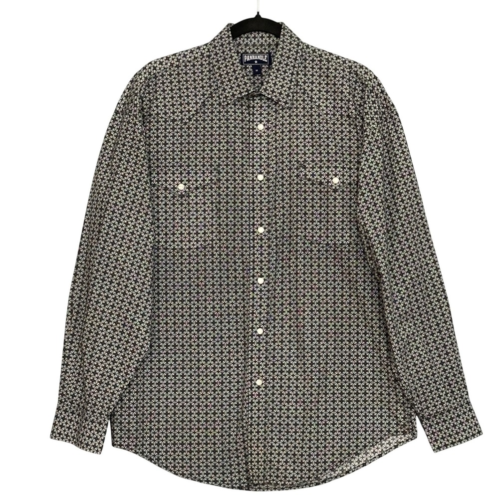 Panhandle Mens Shirt M Navy Blue Geometric Pearl Snap Western Cowboy Rodeo